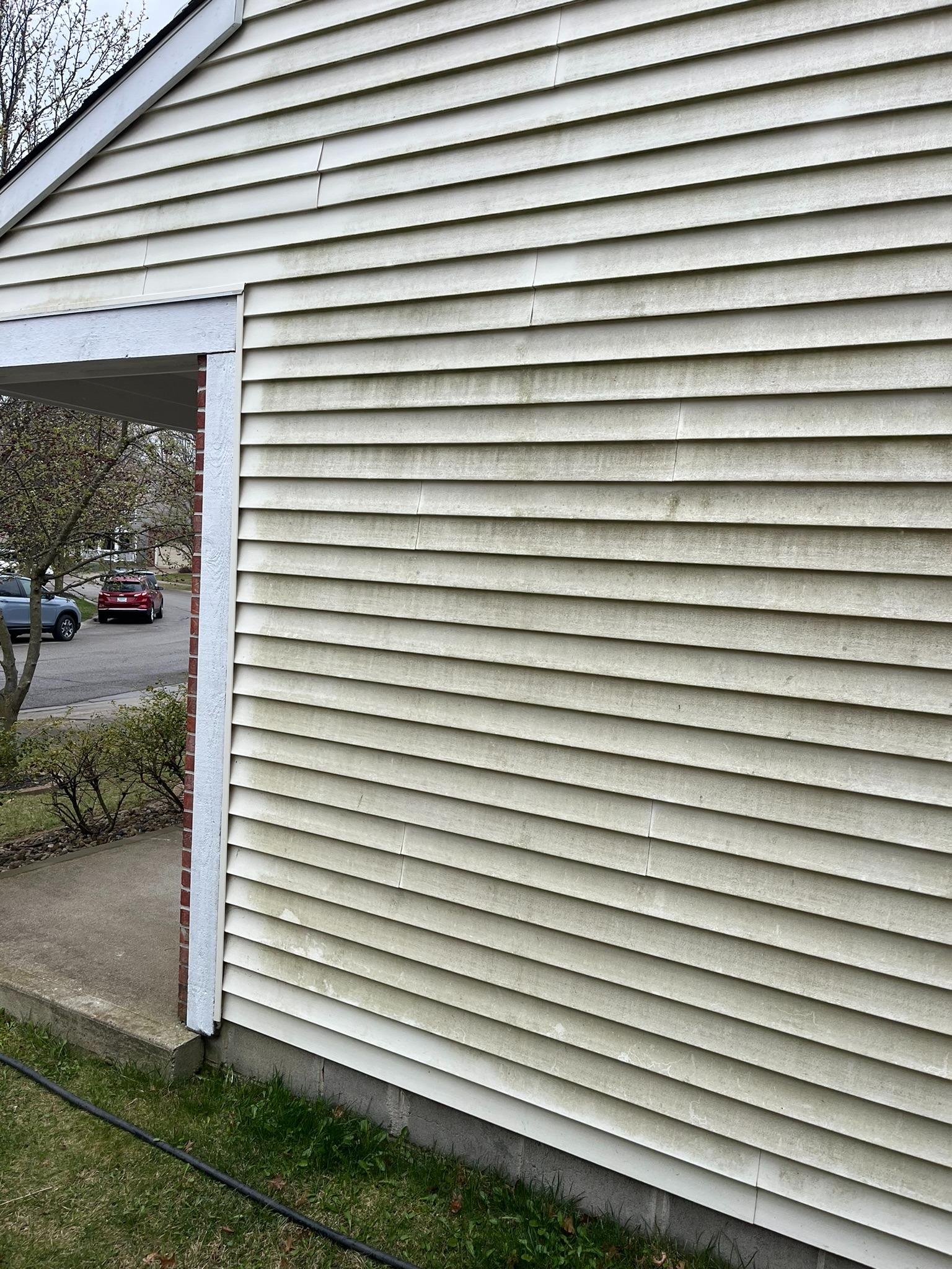 House siding covered in algae and grime before washing